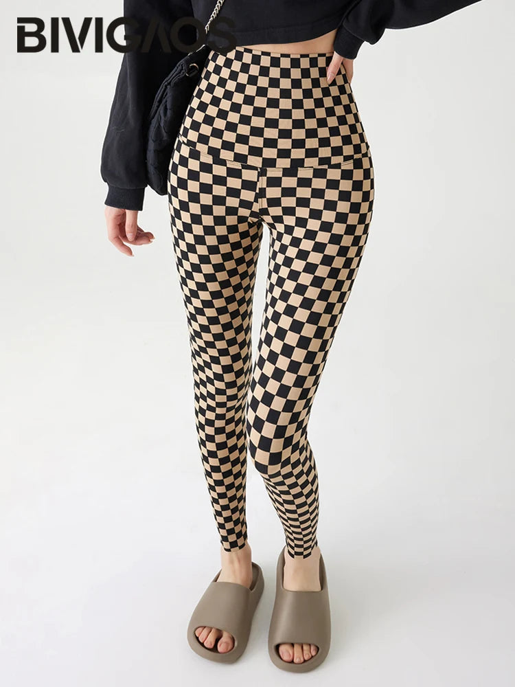 Checkerboard Plaid Shark Leggings Women High Waist Tight Slim Push Up Leggings Seamless Sports Fitness Leggings