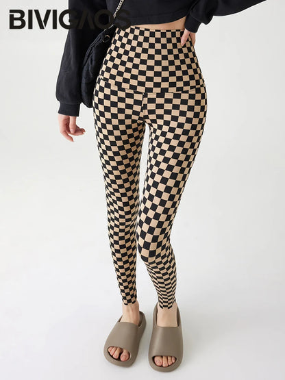 Checkerboard Plaid Shark Leggings Women High Waist Tight Slim Push Up Leggings Seamless Sports Fitness Leggings