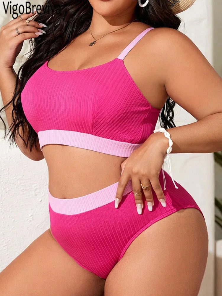 Solid Strapped 2 Piece Plus Size Bikini Set Women Push Up High Waist Curvy Swimsuit Beach Lady Big Bathing Suit
