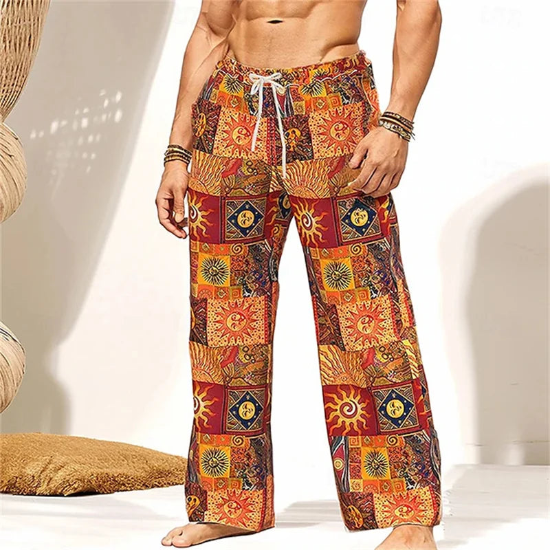 Men's Casual Patchwork Print Drawstring Straight-Leg Pants Relaxed Fit Hawaiian Vacation Trousers Comfortable And Breathable