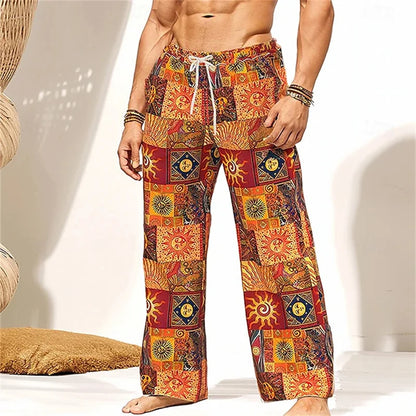 Men's Casual Patchwork Print Drawstring Straight-Leg Pants Relaxed Fit Hawaiian Vacation Trousers Comfortable And Breathable