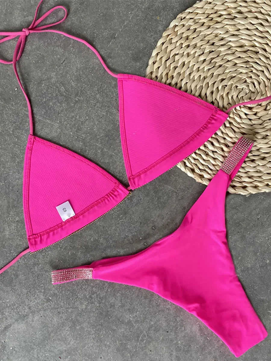 Shiny Sequins Diamond Micro Bikini Women Swimsuit Female Halter Swimwear Two Pieces Bikini Set Brazilian Bathing Suit Swim