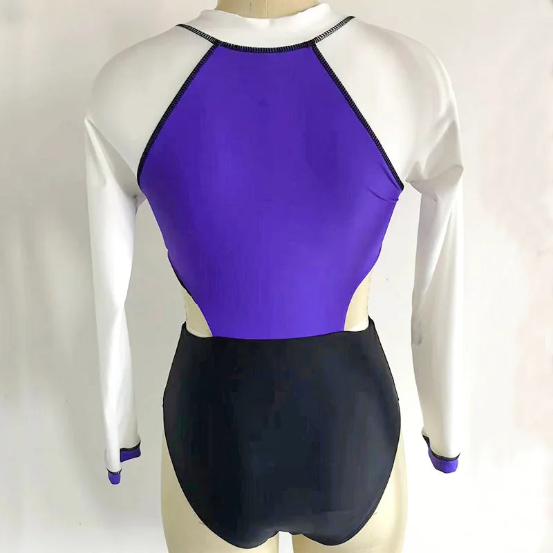 Patchwork One-Piece Swimsuit Long Sleeve Swimwear Sports Backless Women's Swimming Bathing Suit Beach Wear Bather Surfing