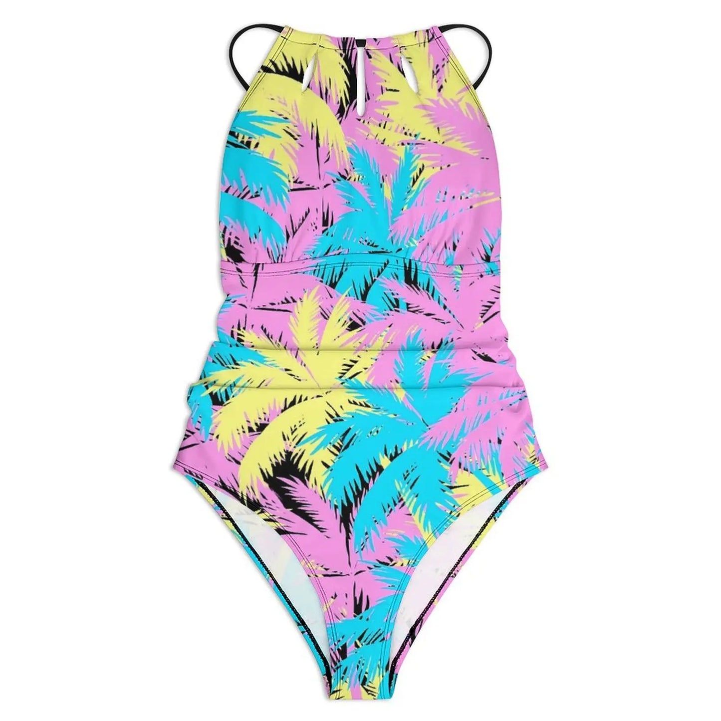 Neon Palm Trees Swimsuit Plant Print Swimwear One Piece Beach Swimsuits Sleeveless Bathing Suits Women Push Up Beach Wear