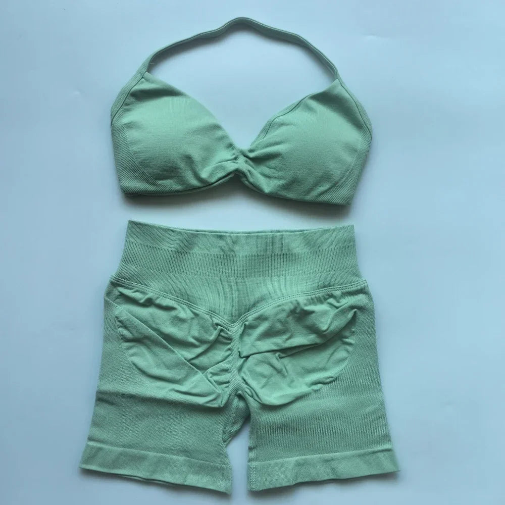2PCS Gym Set Women Strappy Yoga Bra Top High Waist Workout Scrunch Shorts Sports Suit Seamless Yoga Set Fitness Clothes
