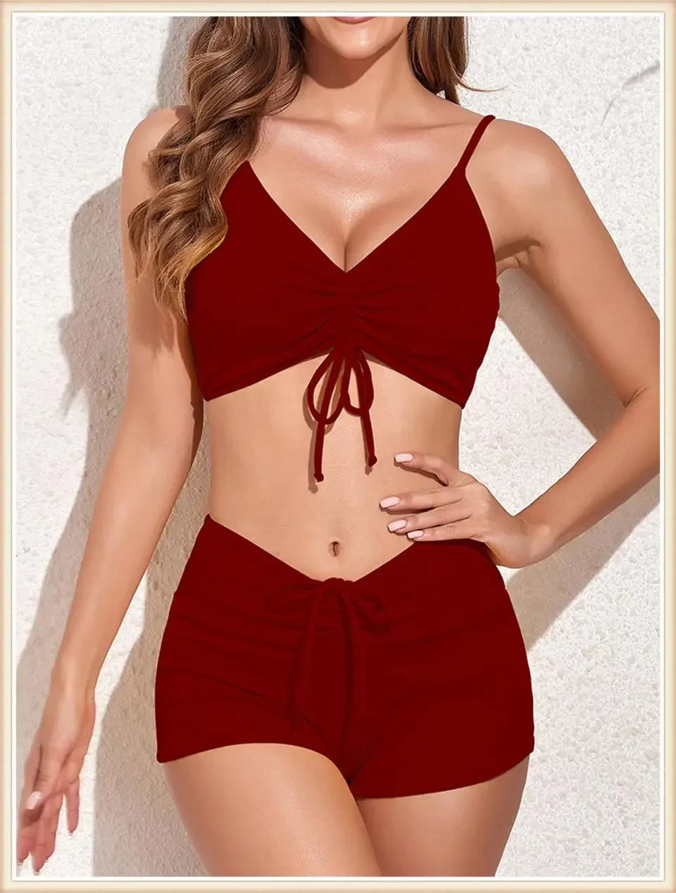 Drawstring Front Bikini Swimsuit Women High Waist Shorts Swimwear Female Bathing Swimming Swim Set Bathers Beachwear Summer