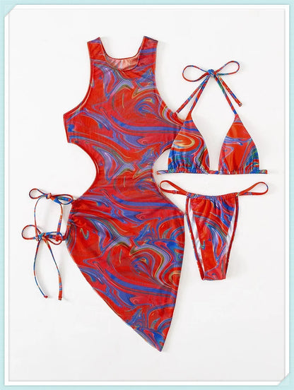 3 Piece Print Halter Triangle Bikini Sets Women Cover Up Swimwear Summer Swimsuit Female Bathing Swimming Suit Beachwear