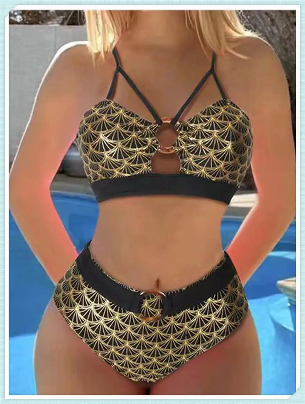 Metallic Stitch Strap Bikini  Women Push Up Gold print Swimsuit Female High Waist Swimwear Bathers Bathing Suit Beachwear