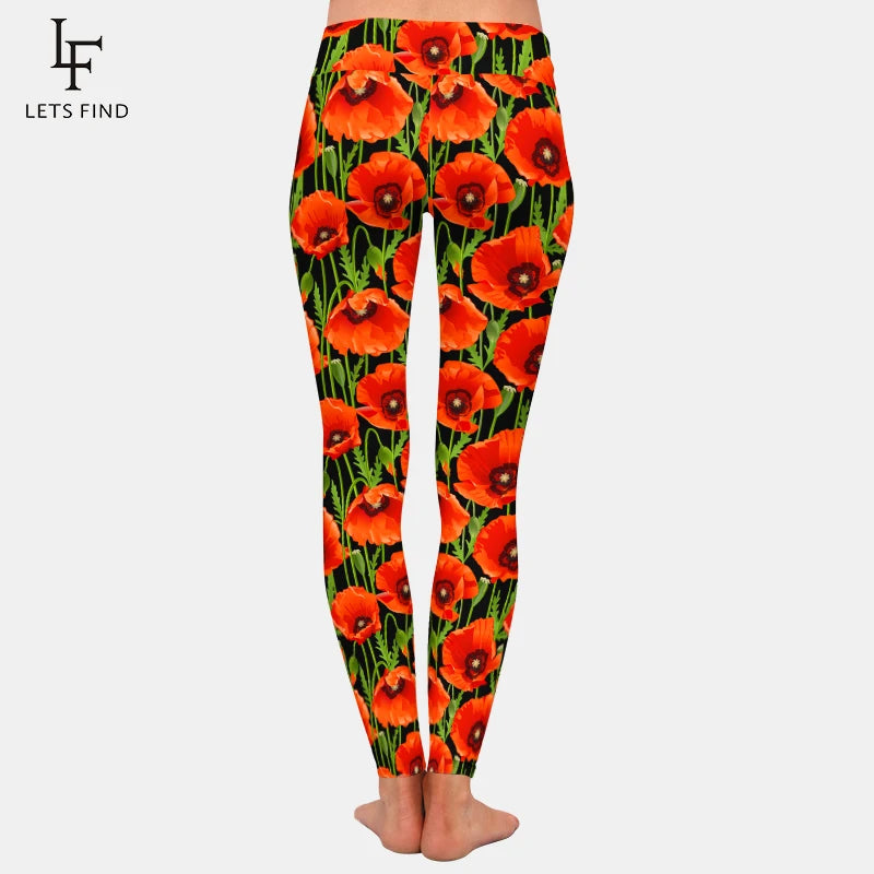 3D Poppies Flowers Print Women Stretch Pants Fashion High Waist Fitness Slim Soft Legging