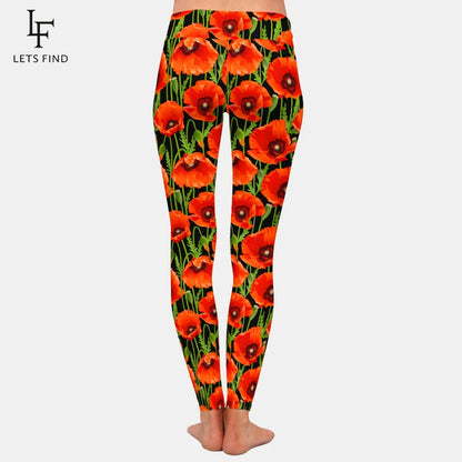 3D Poppies Flowers Print Women Stretch Pants Fashion High Waist Fitness Slim Soft Legging