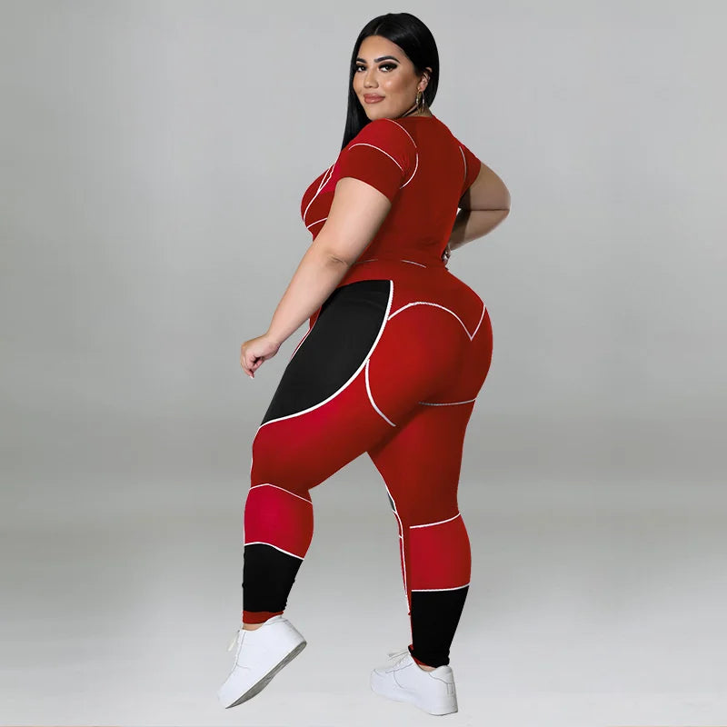 Plus Size Sets Women's Clothes Tracksuit Short Top and Pant Two Piece Sets Gym Joggers Sports Outfits High Elastic Yoga Set