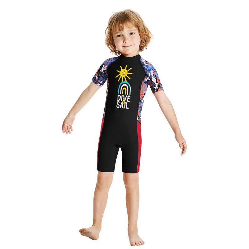 Children's Swimsuit Boys One-Piece Swimsuit Short-Sleeved Beach Sunscreen Professional Training Swimsuit