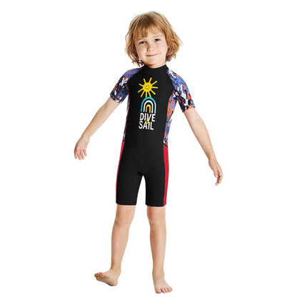 Children's Swimsuit Boys One-Piece Swimsuit Short-Sleeved Beach Sunscreen Professional Training Swimsuit