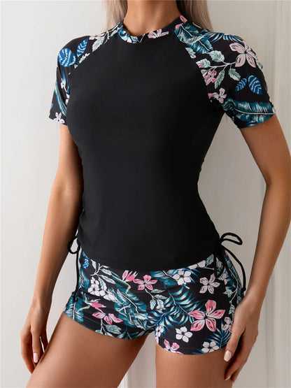 Print Short Sleeve Surfing Swimsuit Shorts Women Two Piece Swimwear Female Bathers Bathing Swimming Swim Suit Beachwear