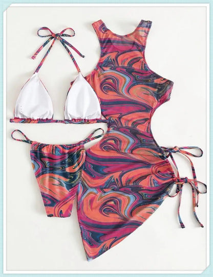 3 Piece Print Halter Triangle Bikini Sets Women Cover Up Swimwear Summer Swimsuit Female Bathing Swimming Suit Beachwear