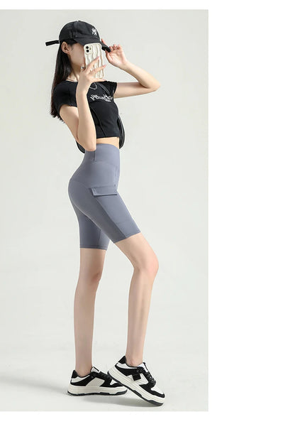 BIVIGAOS Summer New Cargo Pocket Shark Shorts Women's Sport Fitness Cycling Shorts High Waist Running Tight Biker Short Leggings