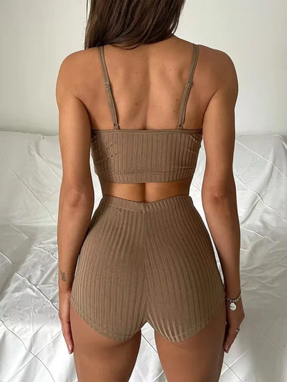 Ribbed Shorts Female Swimsuit High Waist Bikini Women Swimwear Two-pieces Bikini Set Bather Bathing Suit Swim Lady