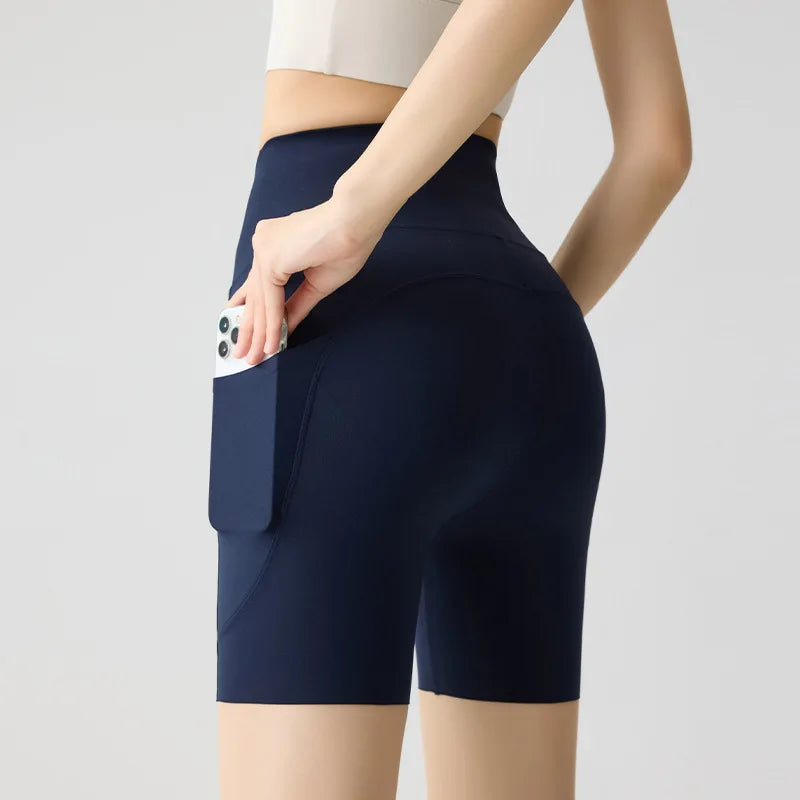 Summer Pocket High Waist Sharkskin Shorts Women Tight Butt Lifter Light Feeling Sport Fitness Yoga Bicycle Shorts