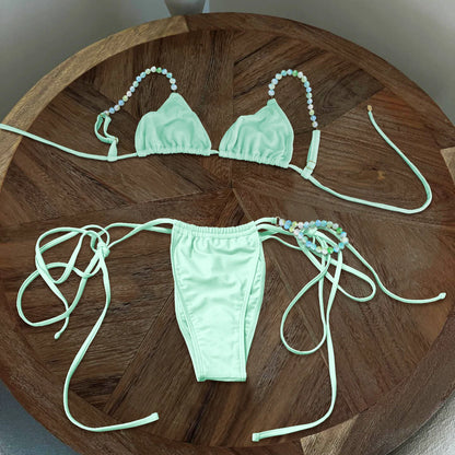Beads Bikini Women Swimsuit Female Swimwear Micro Bikini Set Bandeau Swimming Suit Beachwear Pink Brazilian Biquini