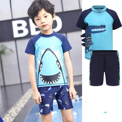 Children's Cartoon Shark Short Sleeve Split Swimwear with Swim Cap, Sun Protection Beach Wear, Baby Boys Swimsuit