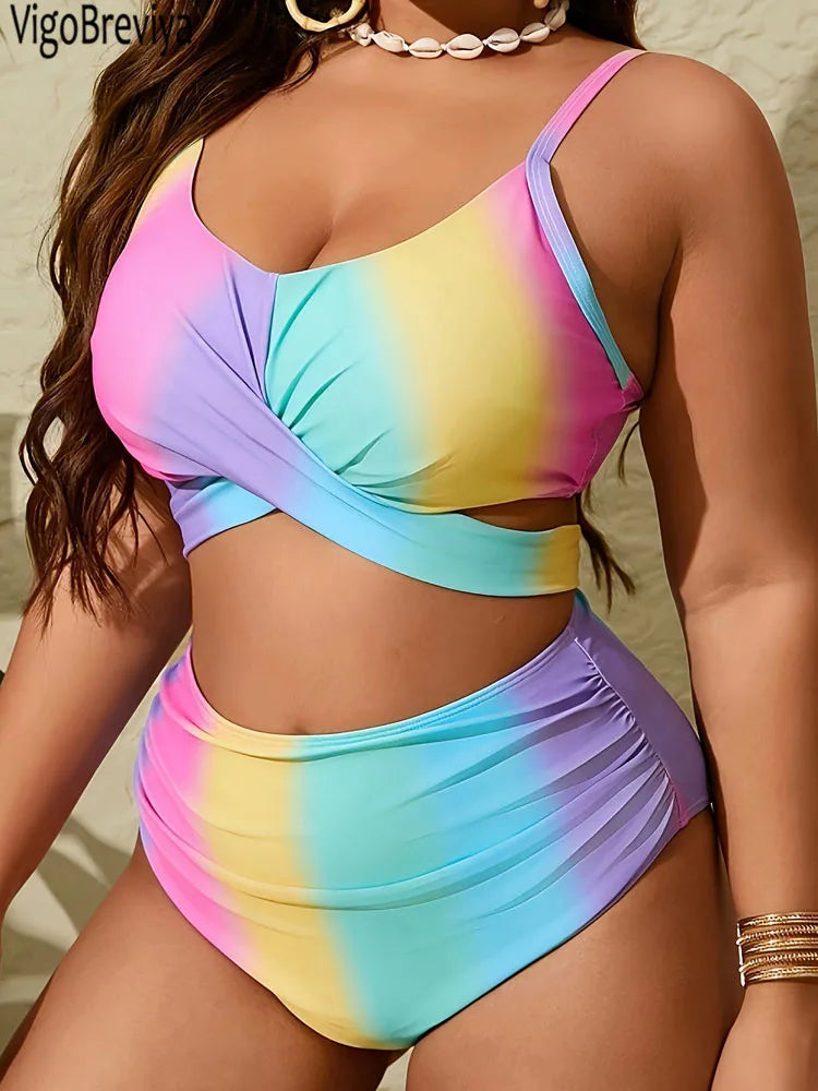Print 2 Piece Plus Size Bikini Women Cross Push Up Curvy Swimsuit High Waist Beach Lady Big Bathing Suit