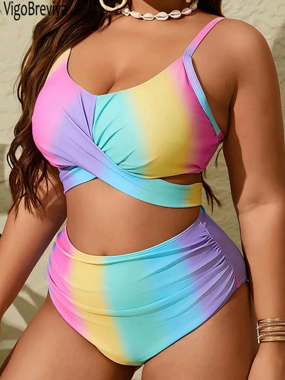 Print 2 Piece Plus Size Bikini Women Cross Push Up Curvy Swimsuit High Waist Beach Lady Big Bathing Suit