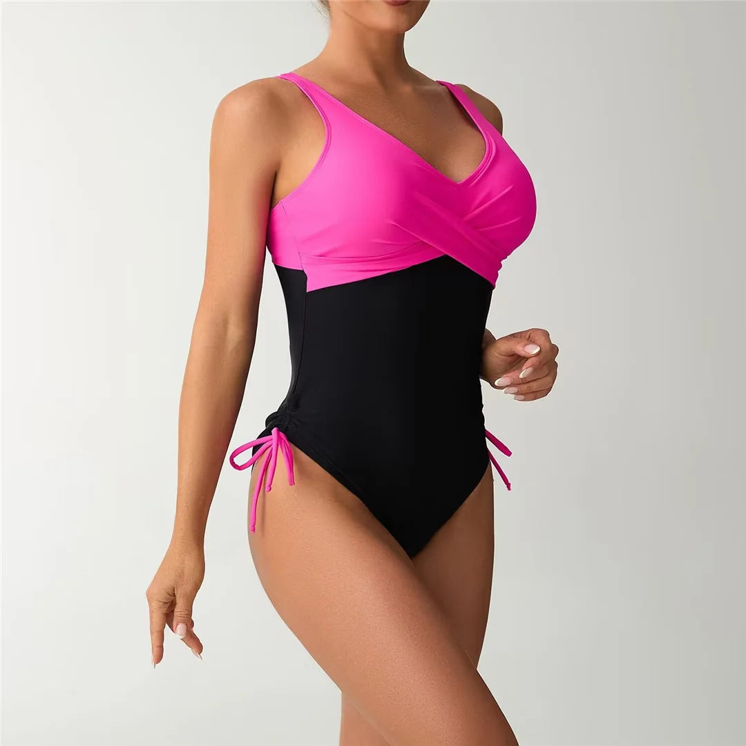 S - XXL Splicing V Neck Backless Women Swimwear One Piece Swimsuit Female High Leg Cut Padded Bather Bathing Suit Swim
