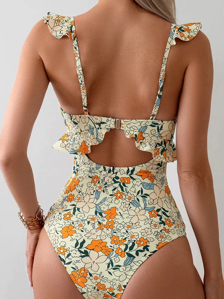 Ruffle Swimwear Women Hollow Push Up One Piece Swimsuit Beach Lady Monokini Print Strapped Bathing Suit