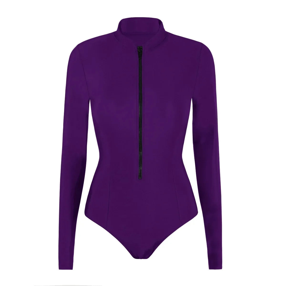 Sun Protection One-Piece Swimwear Long Sleeve Bikini Conservative Beach Swimming Triangular Design Zipper Closure Swimsuit