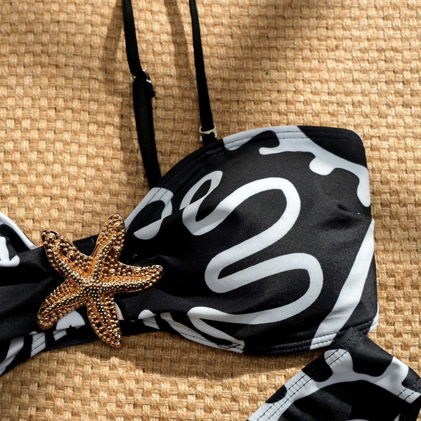 Vintage Black Floral Print Bikini Set Women Starfish Ornament Push Up Bra High Waist Swimsuit Holiday Bathing Suit Swimwear