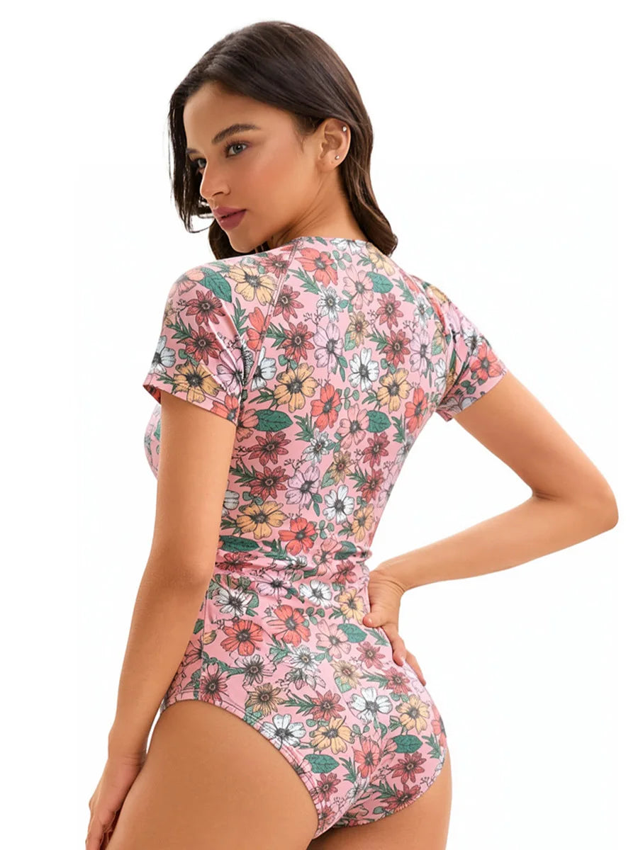 Short Sleeve Rash Guard One Piece Swimsuits for Women, Conservative Printed Short Sleeve Bathing Suits, Triangle Swim