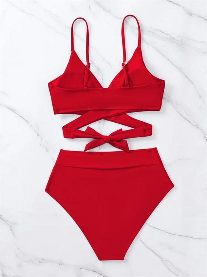 Solid Strapped Bikini Set Push UP Hollow Swimsuit Women Swimwear Biquinis High Waist Backless Bathing Suit