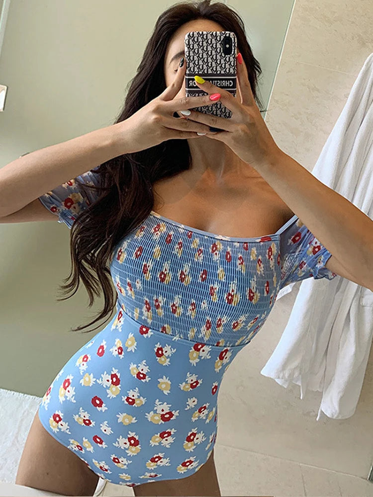 Mesh Short Sleeve Off Shoulder One Piece Swimsuit Flower Print Swimwear Women Blue High Waist Bathing Suit