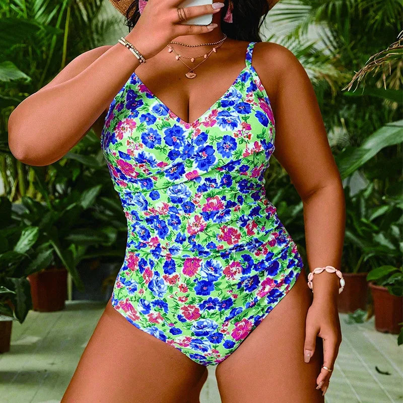 Floral V Collar Hot Spring Bathing Suit Slim Looking Belly Covering Conservative plus Size Bathers