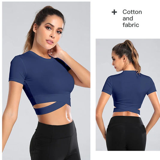 Aiithuug Waist Yoga Short Sleeve Crisscross Waist Breathable Gym Shirts Sports Tops Workout Fitness Crop Top Yoga Top