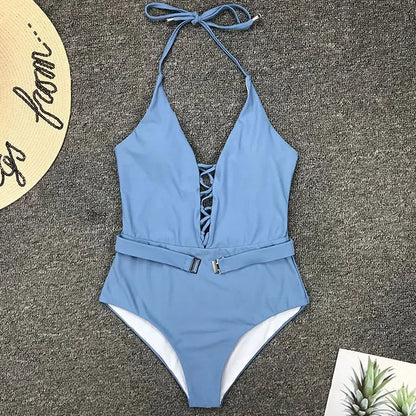 Lace Up Halter Female Swimwear One Piece Swimsuit Women Backless Monokini with Waist Belt Bathing Suit Swim Bodysuit