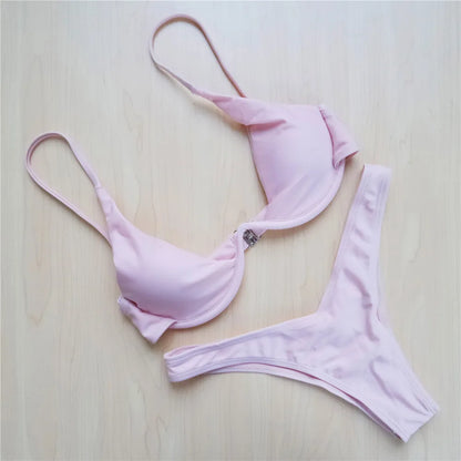 S - XL V-bar Underwired Bikini Female Swimsuit Women Swimwear Two-piece V shape Wire Bikini set Bather Bathing Suit Swim