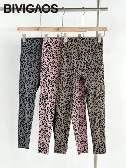 Pink Leopard Print Sharkskin Design Leggings Women High Waist Seamless Tight Sport Fitness Legging