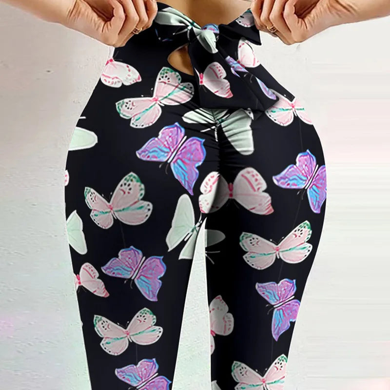 High Waist Bowknot Leggings Butterfly Print Yoga Pants Bandage Tights for Women Push Up Exercise Fitness Workout Legging