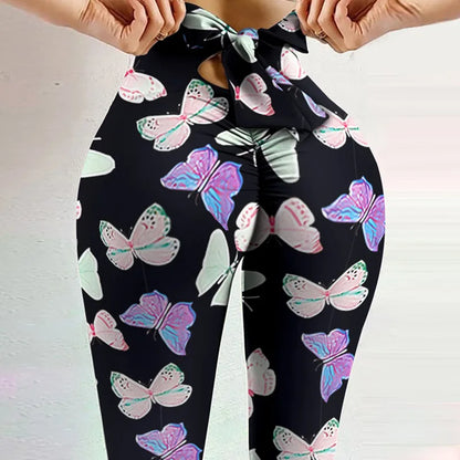 High Waist Bowknot Leggings Butterfly Print Yoga Pants Bandage Tights for Women Push Up Exercise Fitness Workout Legging