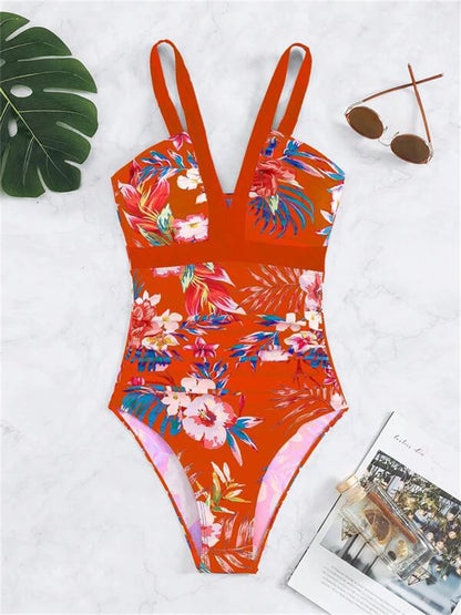 One Piece Swimsuit Women Print Sling V Neck Bodysuit Swimwear Monokini Summer Beach Bathing Suit Female Swimming