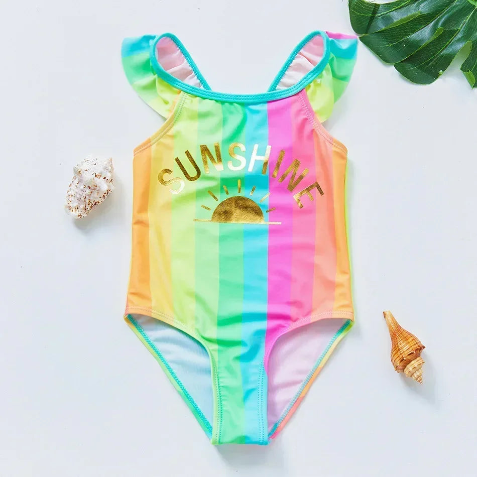 Girls One Piece Swimsuits Rainbow Print Backless Swimwear for Children Summer Kids Bathing Suits Bikinis 2-8 Years Children