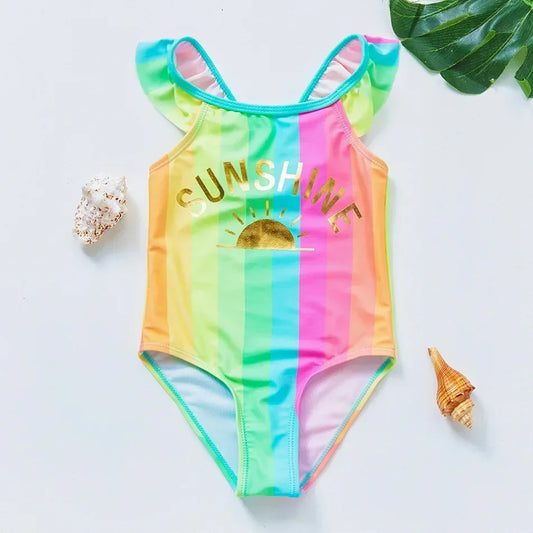 Girls One Piece Swimsuits Rainbow Print Backless Swimwear for Children Summer Kids Bathing Suits Bikinis 2-8 Years Children