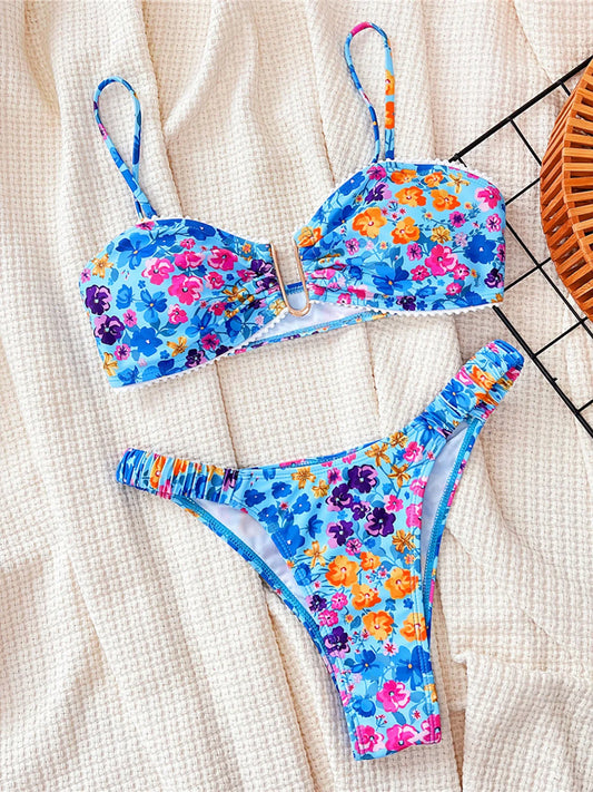 U Neck Flowers Printed Wrinkled Bikini Female Swimsuit Women Swimwear Two-pieces Bikini set Bather Bathing Suit Swim