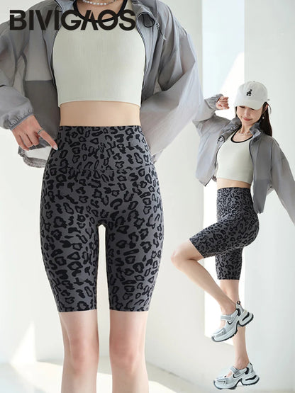BIVIGAOS Summer Fashion Trend Leopard Print Cycling Shorts Women High Waist Tight Sport Short Leggings Fitness Biker Shorts