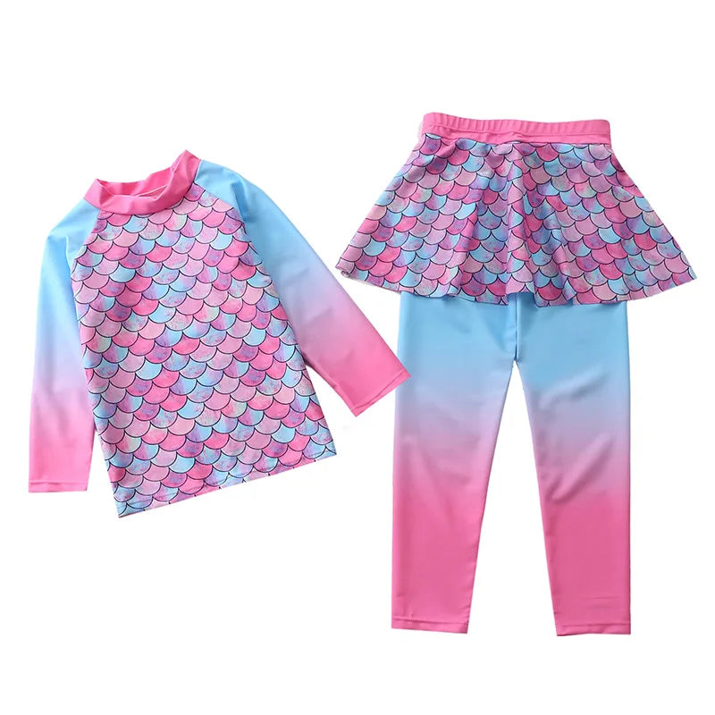 Unicorn Mermaid Kids Swimwear for Girls Long Sleeve Rash guard Pants Leggings Modest Children's Swimsuit Bathing Suit Beach Wear