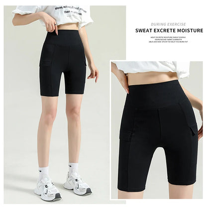 BIVIGAOS Summer New Cargo Pocket Shark Shorts Women's Sport Fitness Cycling Shorts High Waist Running Tight Biker Short Leggings
