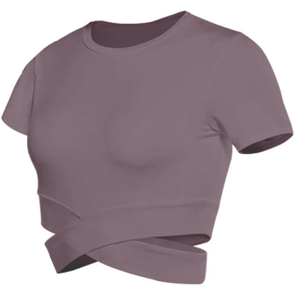Aiithuug Waist Yoga Short Sleeve Crisscross Waist Breathable Gym Shirts Sports Tops Workout Fitness Crop Top Yoga Top