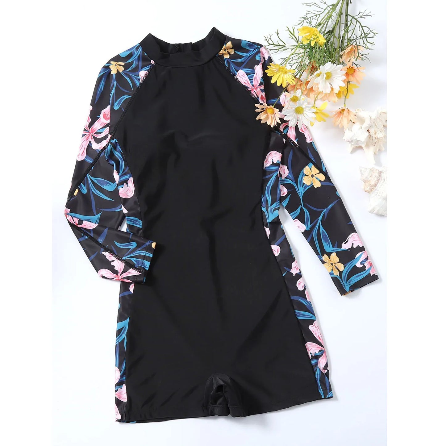 One Piece Swimsuit Women Floral Long Sleeve Swimwear Zipper Surfing Monokini Push Up Body Suit Beachwear Bathing Suit Rash Guard