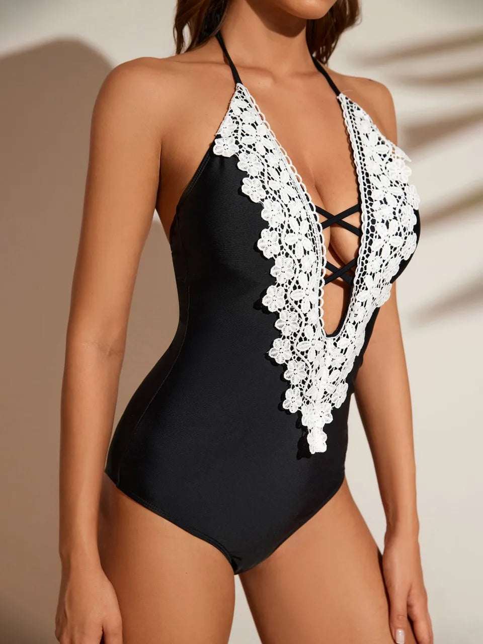 Halter String Swimsuit Women One Piece Black Lace Backless Swimwear Female Monokini Bathing Swimming Suit Beachwear